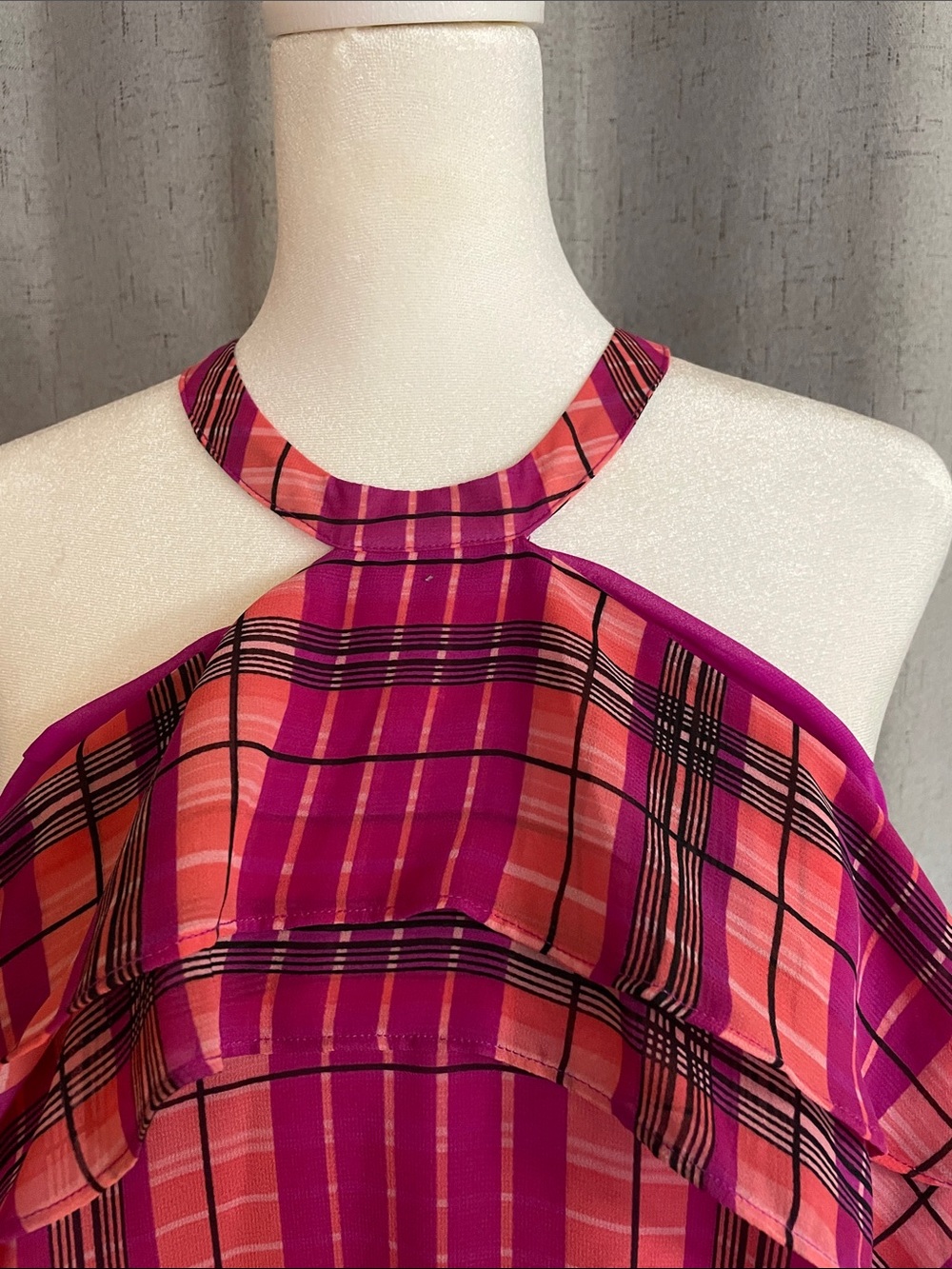 INC International Concepts Pink and Fuchsia Plaid Halter Top with Ruffle - Picture 2 of 7